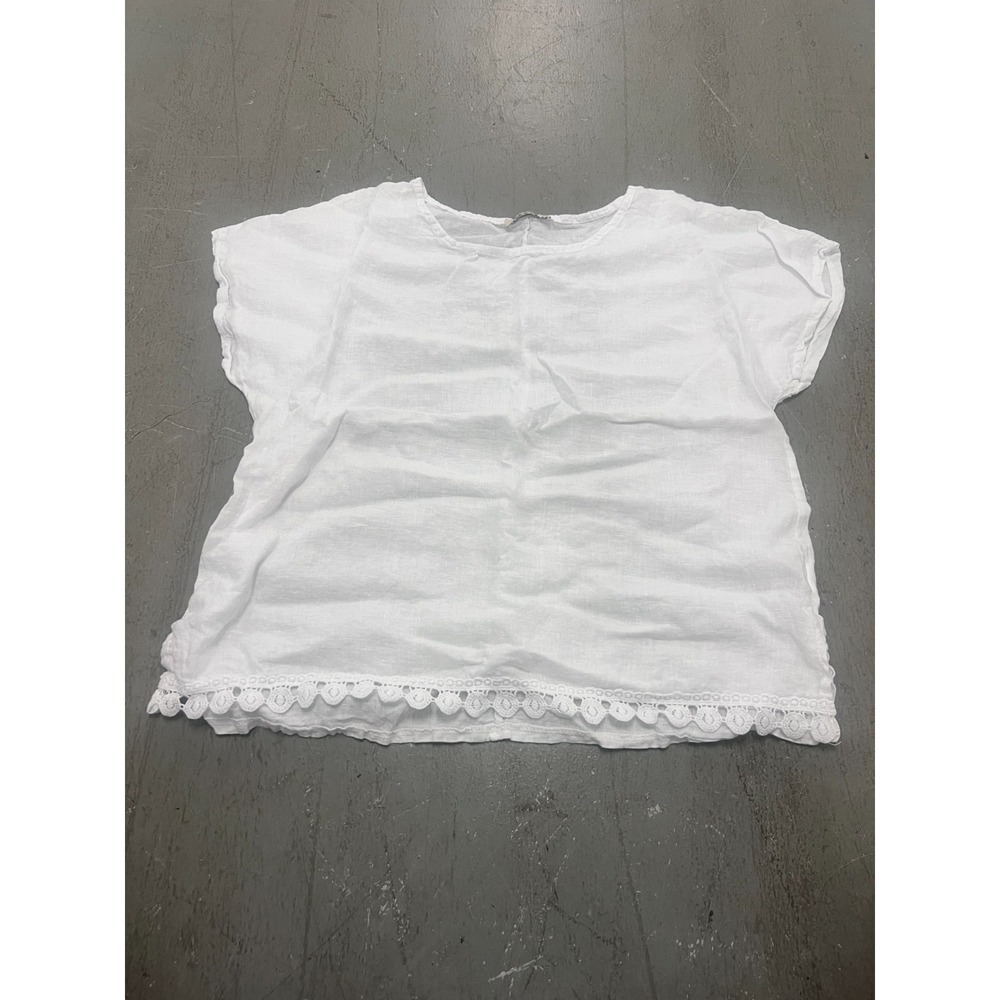 Francesca Bettini Blouse Top Womens Large White Lace Hem Short Sleeve Casual